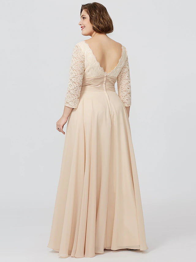 Etuikleid/Säulenkleid für die Mutter der Braut, formell, klassisch und zeitlos, elegant und luxuriös, Übergröße, quadratischer Ausschnitt, bodenlang, Chiffon, metallische Spitze, 3/4-Ärmel, nein, mit Schärpe/Blumenband